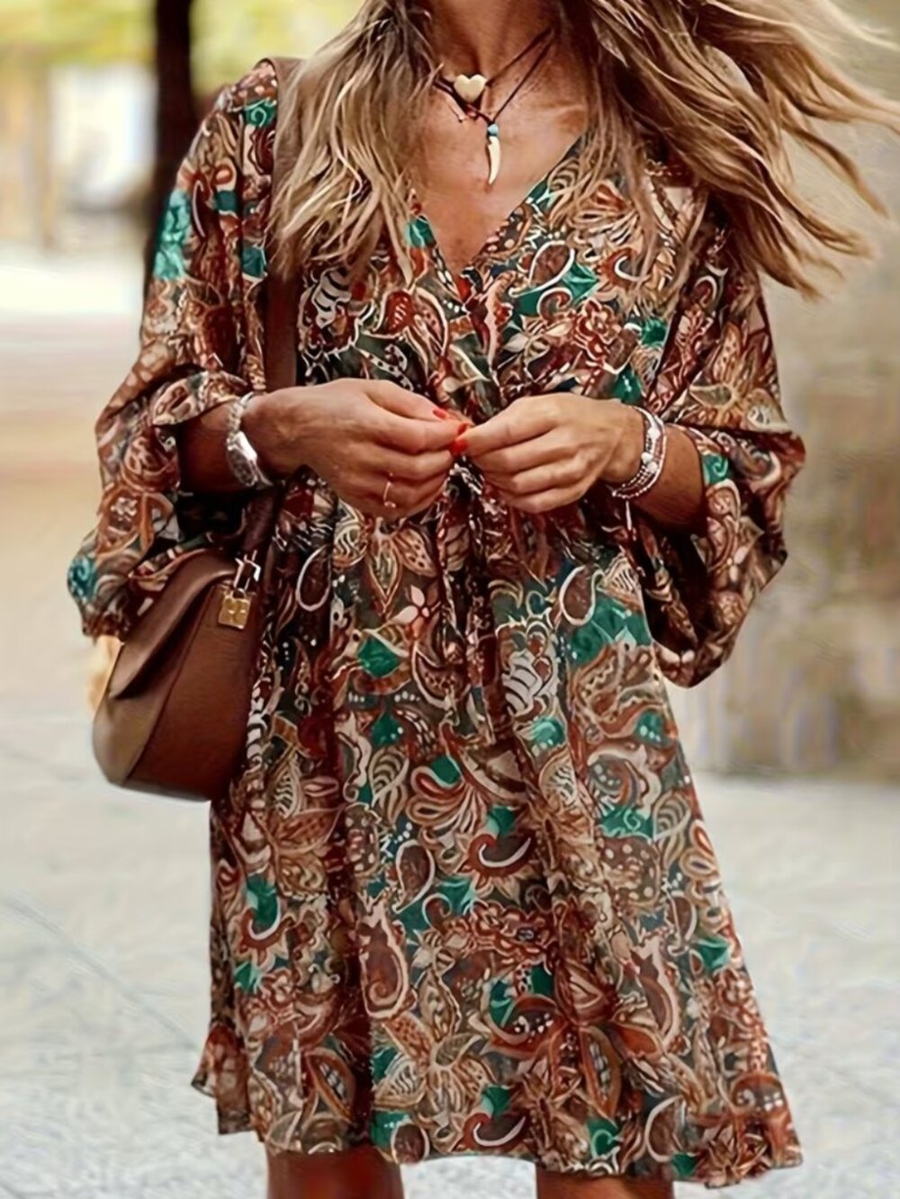 NWT Boho Paisley V Neck Balloon Sleeve Polyester Mini Dress 14